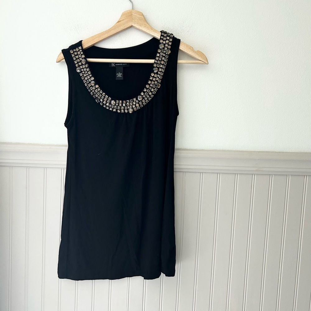 INC International Concepts Medium Black Studded Tank Top Statement Rhinestone